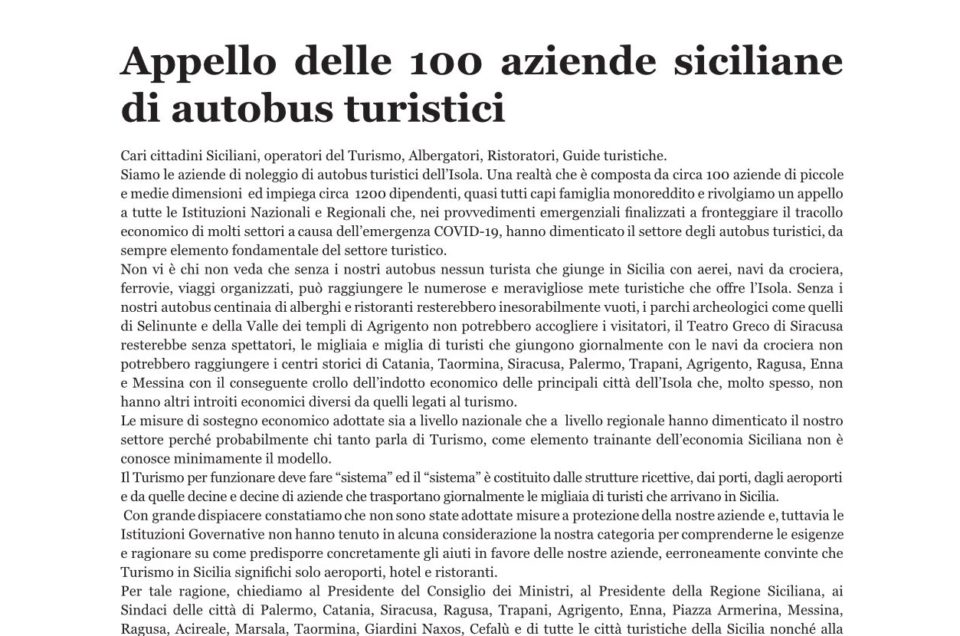Appello delle 100 aziende siciliane  di autobus turistici